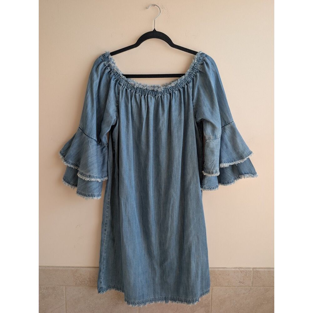 Boston Proper M Tencel Denim Dress Off Shoulder Tiered Bell Sleeve Boho Women's